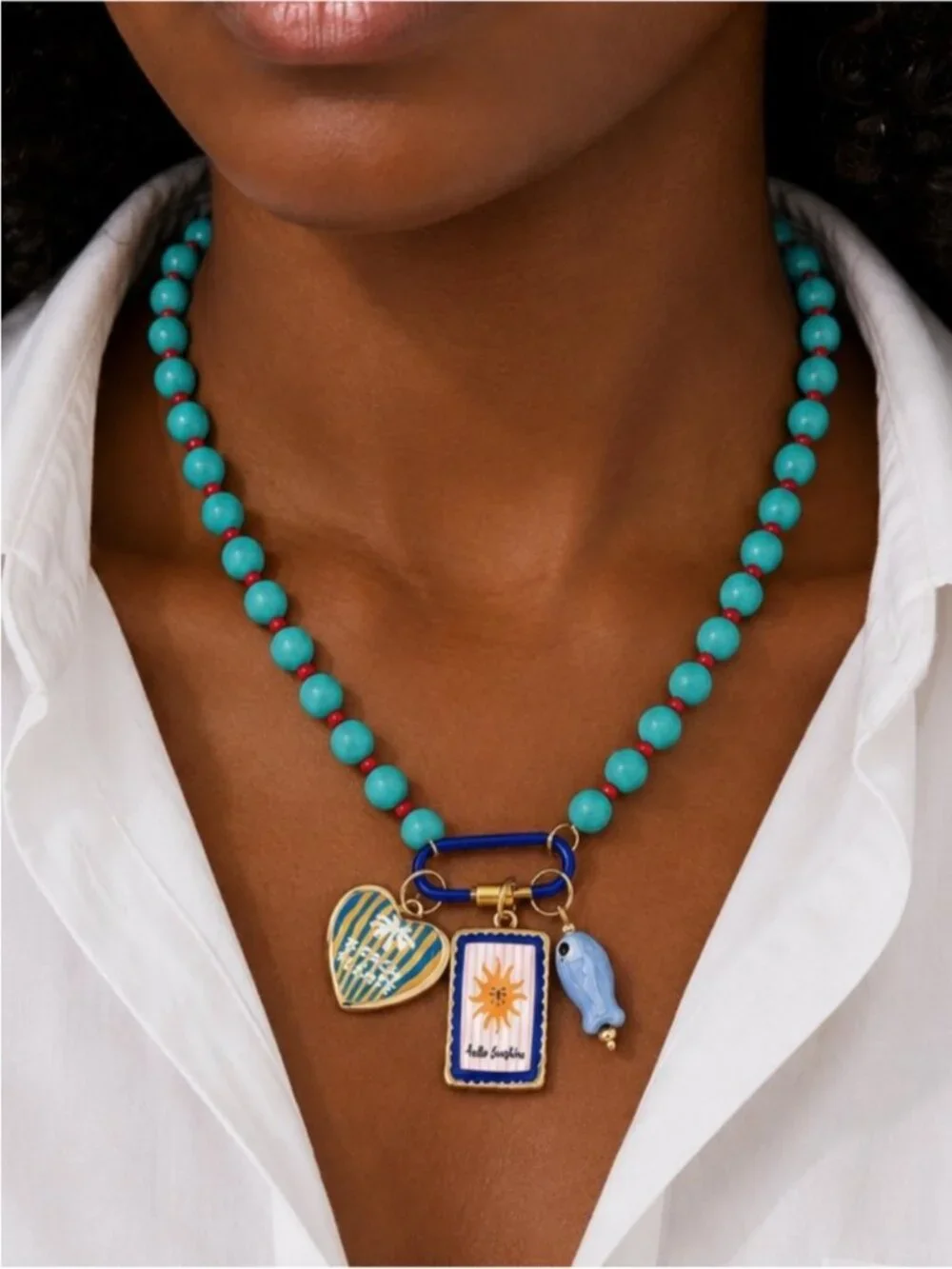 New! Coastal Colorful Blue Beaded Carabiner Necklace NWOT 5034